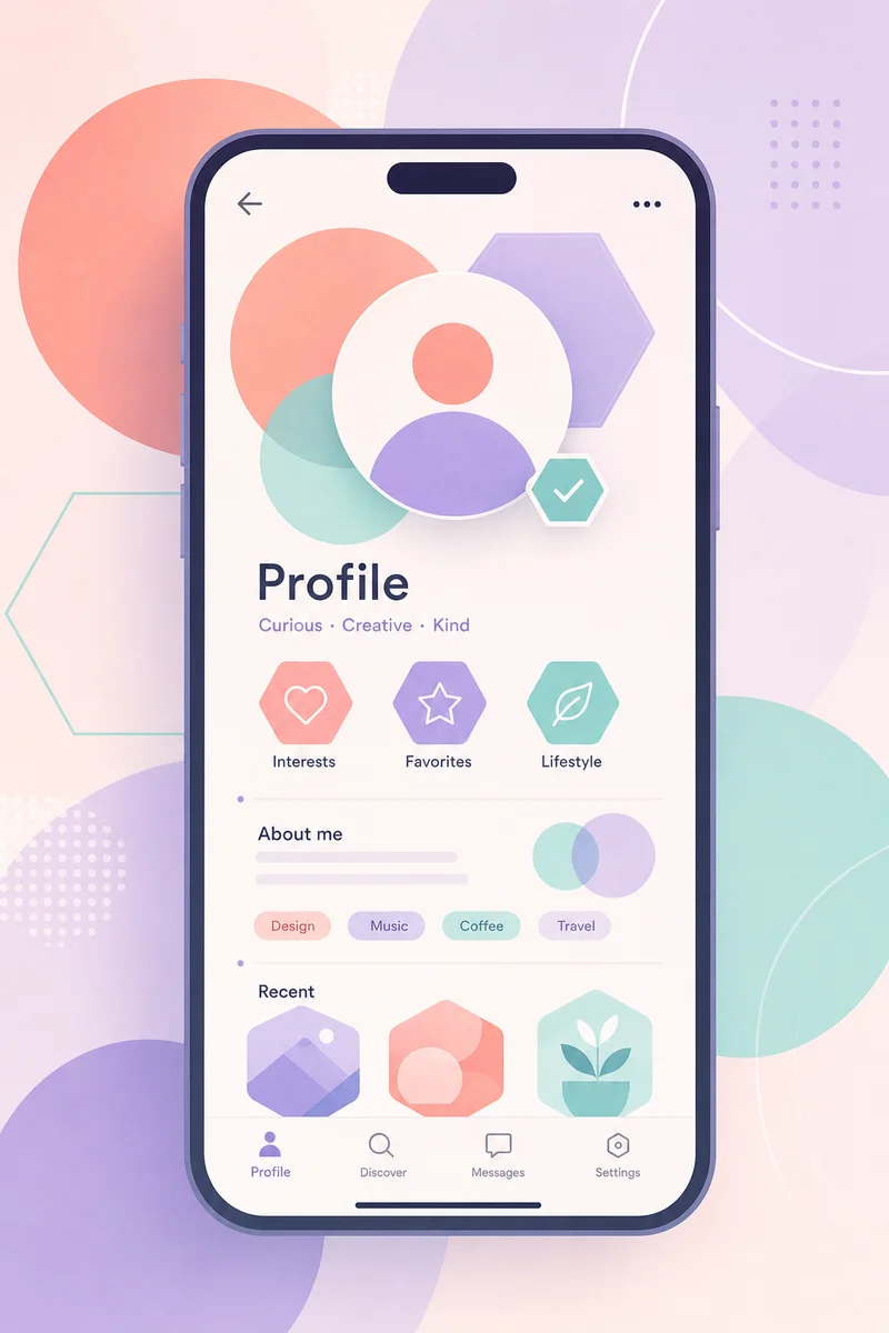 Geometric abstract of phone screen with unicorn dating profile elements in pastel tones