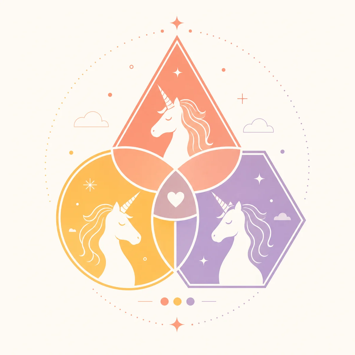 Interlocking geometric shapes representing three-way unicorn dating dynamic