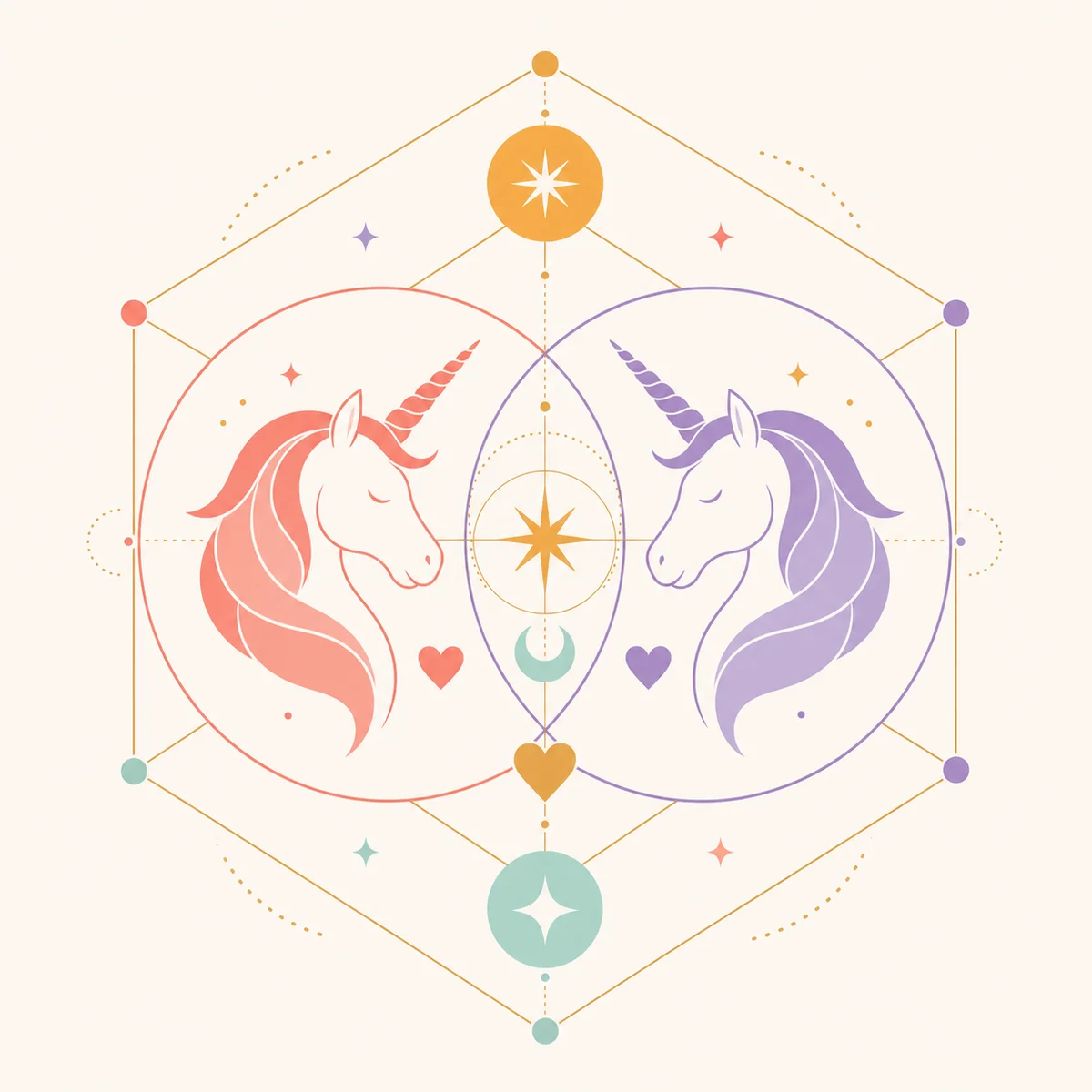 Connected circles and hexagon representing unicorn-couple relationship connection