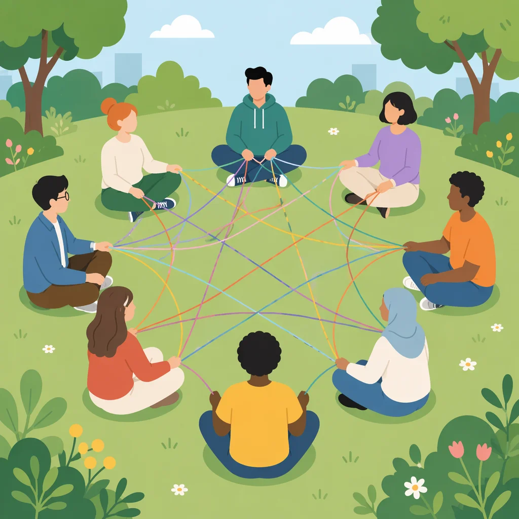 Diverse group connected by equal colorful lines in flat-vector illustration representing relationship anarchy