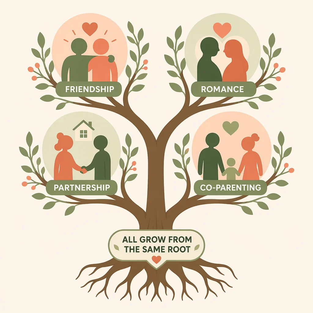Tree diagram with equally sized branches for different relationship types in flat-vector style