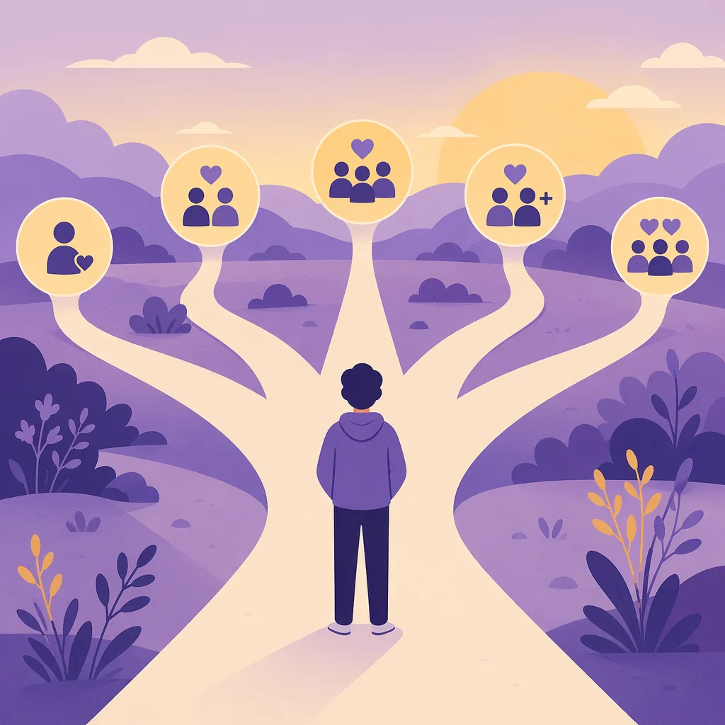 Person at crossroads with multiple relationship paths marked by symbols in flat-vector style