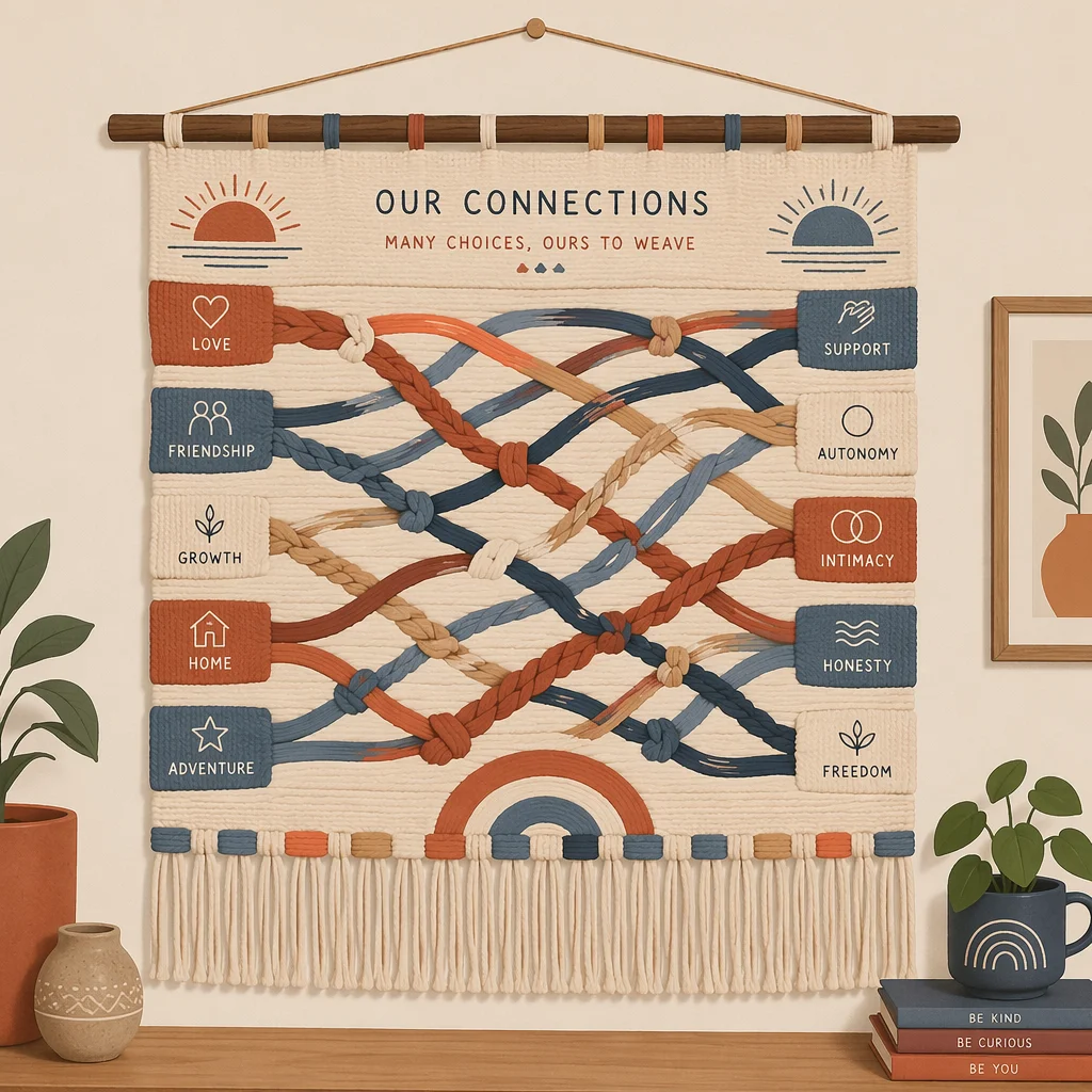 Interconnected tapestry threads in different colors representing customized relationship commitments in flat-vector style