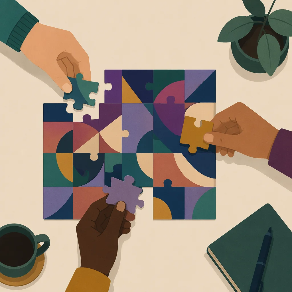 Three hands placing puzzle pieces forming abstract mosaic in flat-vector collaborative illustration