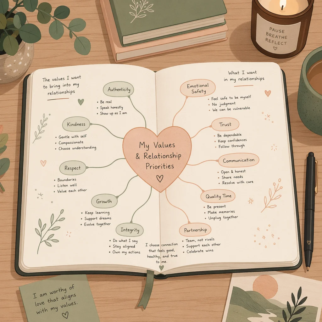 Open journal with hand-drawn mind map of values and relationships in flat-vector reflective style