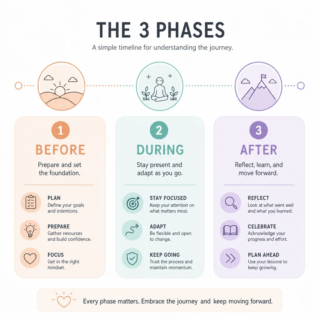 Timeline infographic with three phases before during and after a threesome experience