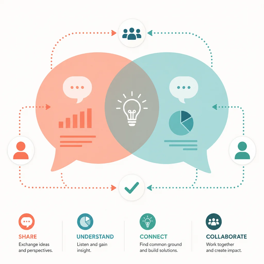 Overlapping speech bubbles in coral and teal showing communication flow diagram