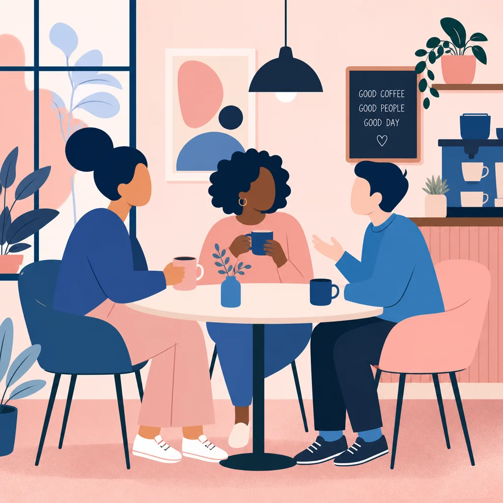 Abstract figures seated at a cafe table having conversation, representing honest communication about relationship structures in a polyamory dating profile