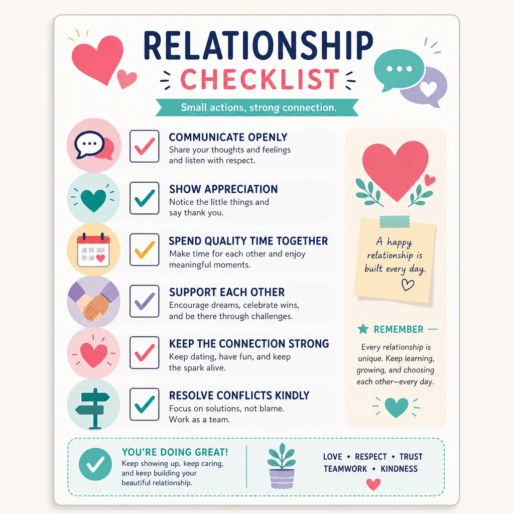 Illustrated checklist document with relationship-related icons including hearts, communication bubbles, and calendar symbols for a polyamory dating profile audit