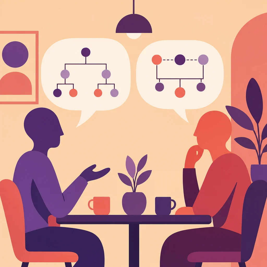 Two abstract figures facing each other across a table with relationship structure diagrams in speech bubbles, representing clear communication in a polyamory dating profile