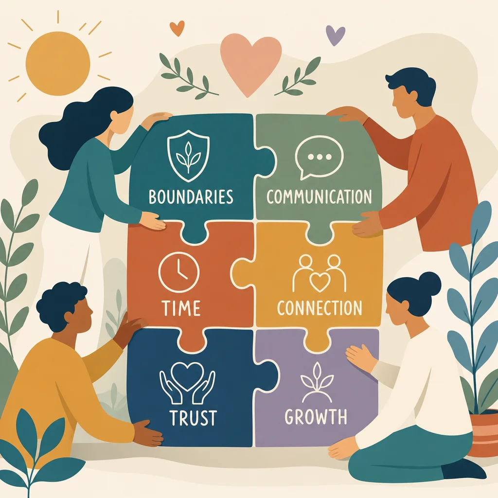 Puzzle pieces fitting together with relationship-related labels like boundaries, communication, time, and connection, representing a well-crafted polyamory dating profile