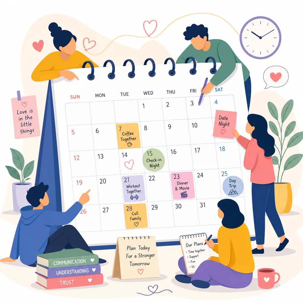 Calendar page with highlighted dates and small abstract figures interacting around it, representing time management considerations when writing a polyamory dating profile