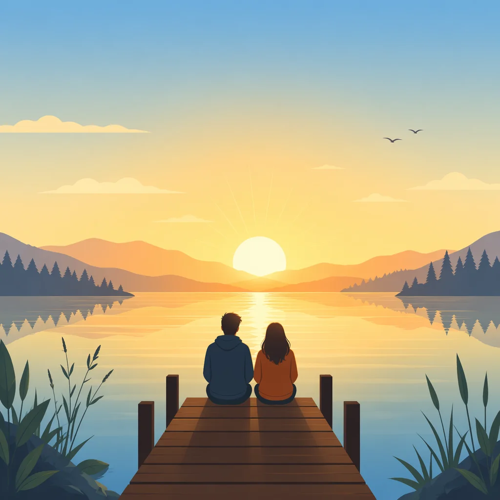 Sunrise over calm lake with two figures on a dock symbolizing new beginnings through shared reflection