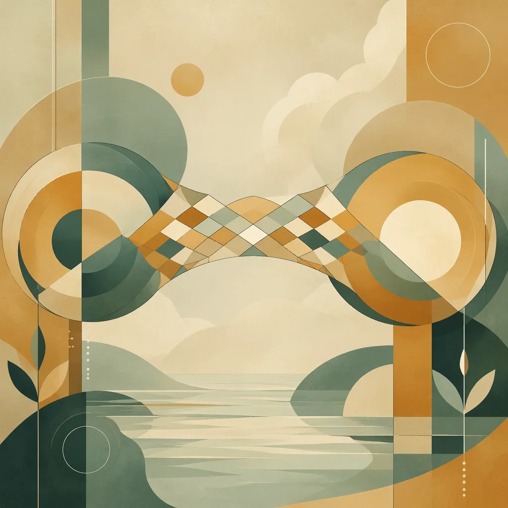 Geometric bridge of diamond shapes connecting two partners across new experiences