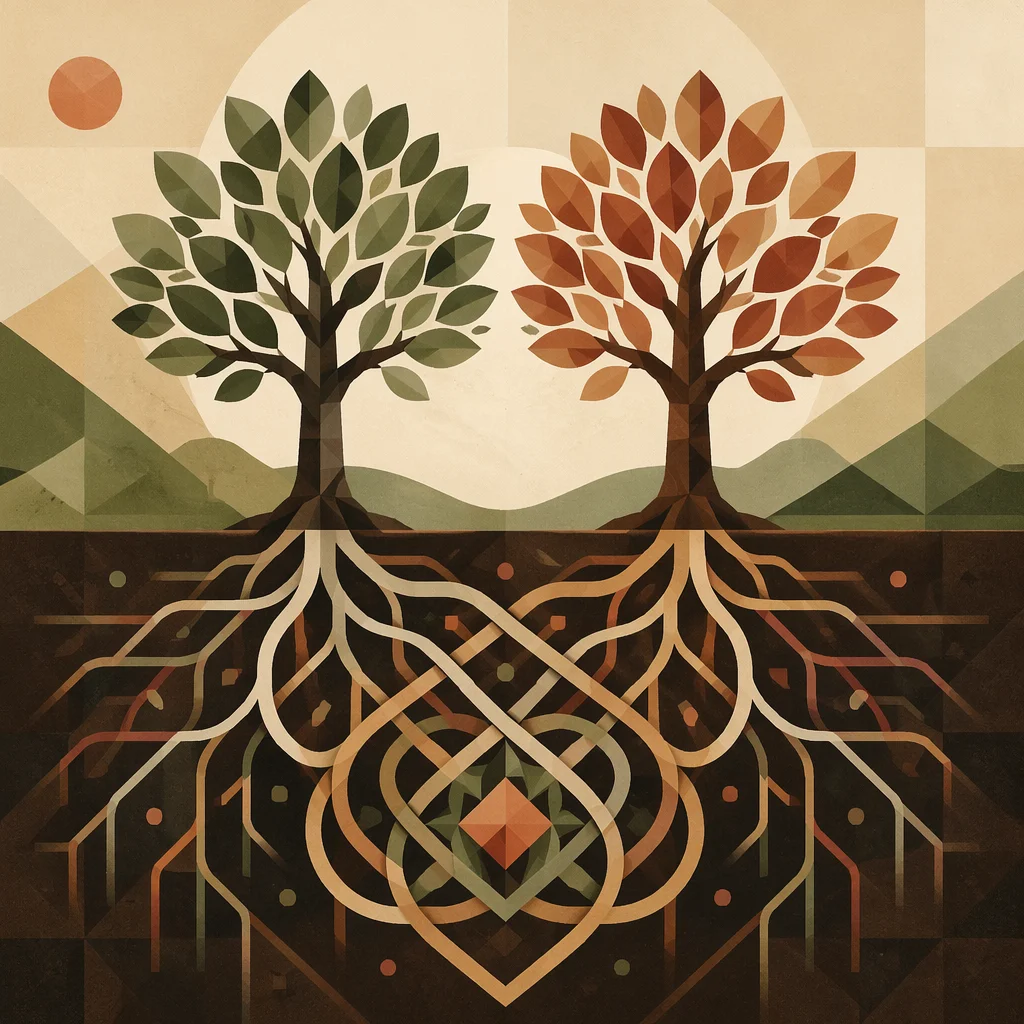 Intertwined root systems of two trees symbolizing the deep foundation that supports a swinging lifestyle