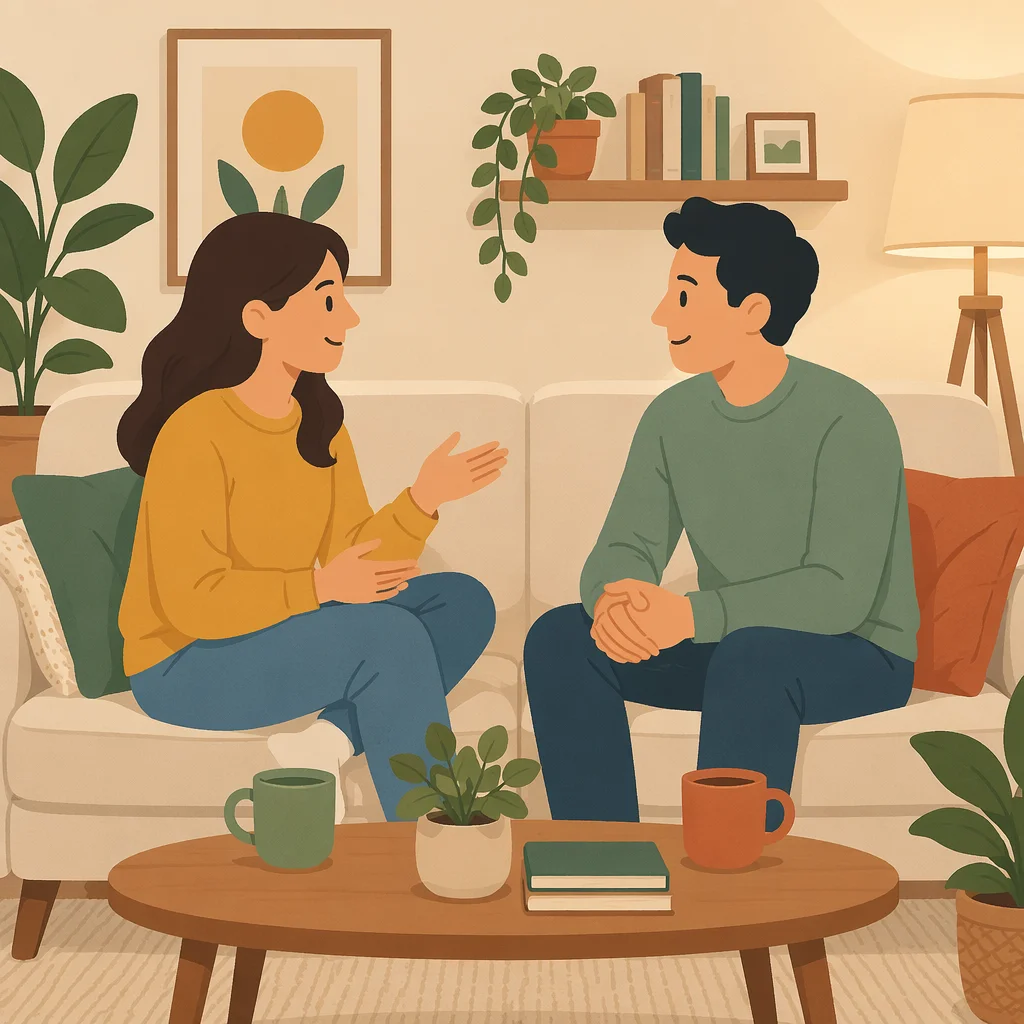 Flat vector of two people in conversation on a sofa illustrating the post-swing debrief process