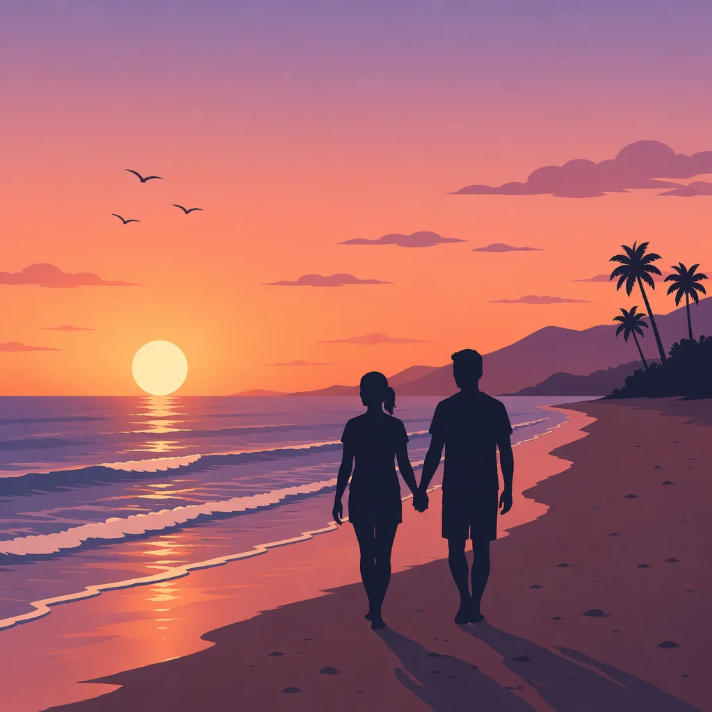 Silhouetted couple walking on a beach at sunset symbolizing reconnection after swinging experiences