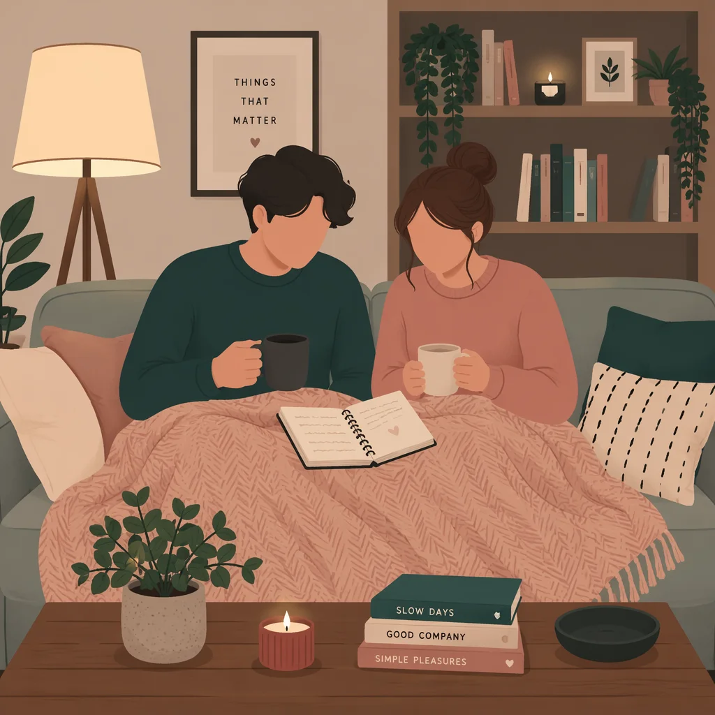 Cozy living room scene with couple sharing space and processing together after an experience