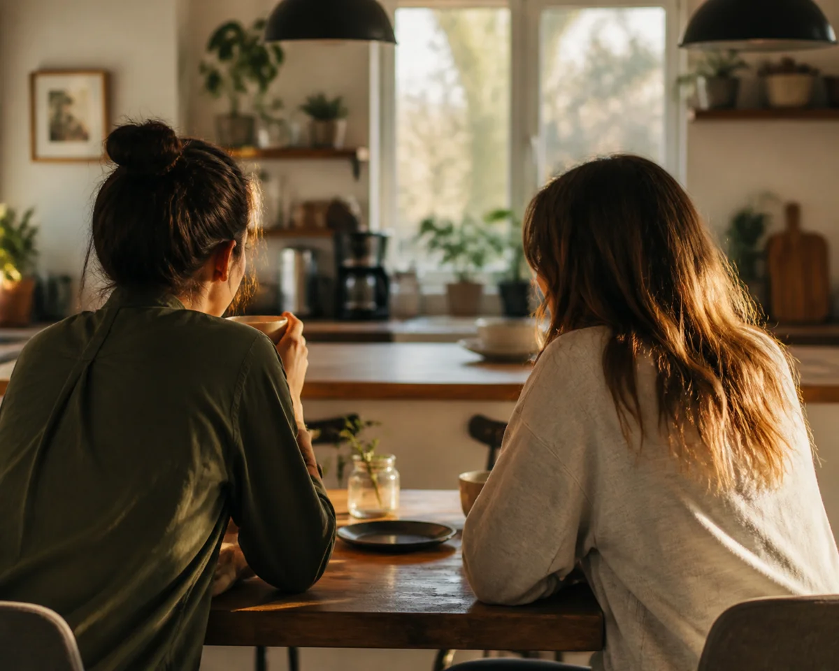 Two people talking over coffee at a kitchen table, viewed from behind