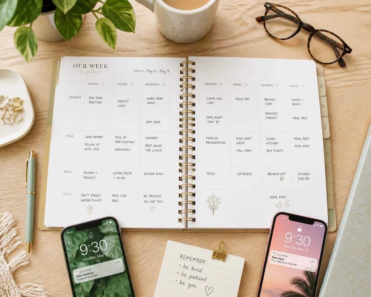 Flat-lay of a weekly planner used to balance a nesting partner and a new relationship