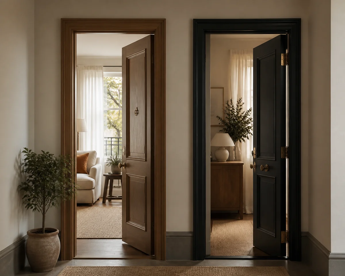 Two cozy apartment doorways side by side, one door ajar