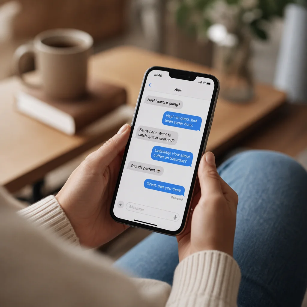 Hands holding a phone showing a text conversation