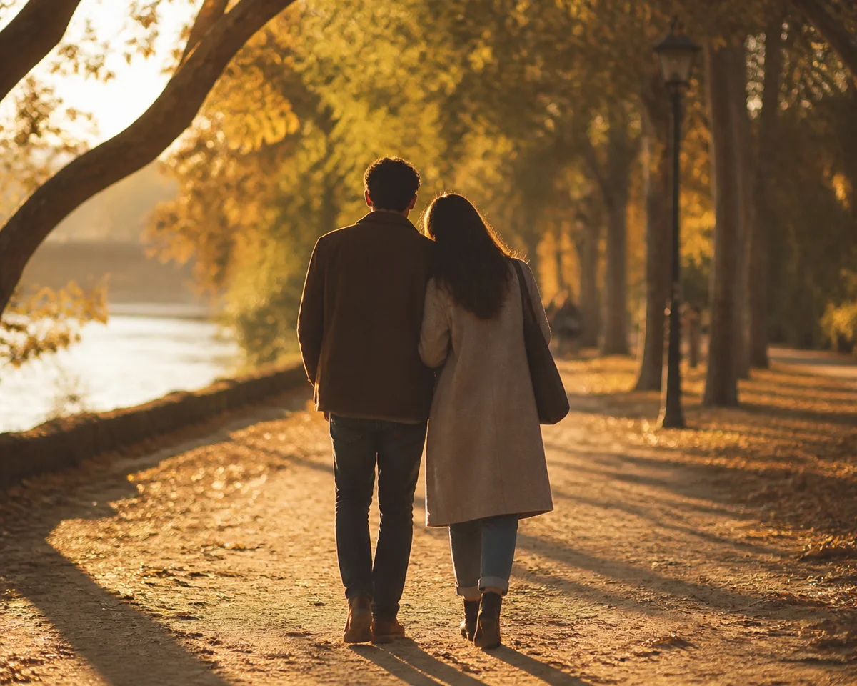A couple walking side by side down a tree-lined path, from behind