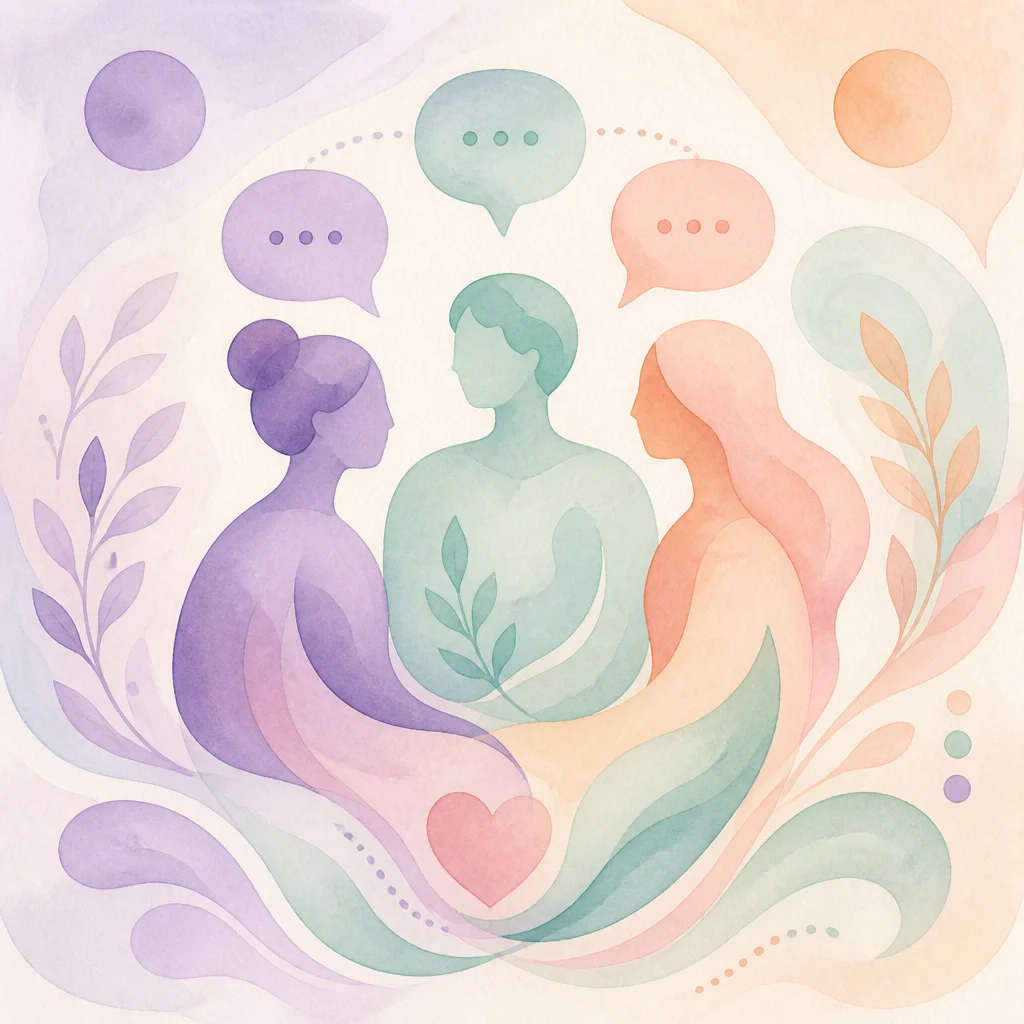 Soft watercolor illustration of three abstract figures sitting in a circle, warm pastel tones suggesting calm conversation