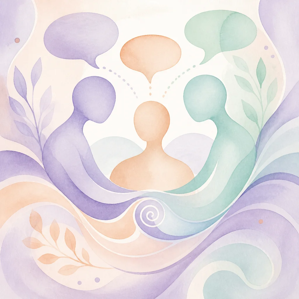 Watercolor painting of two hands reaching toward each other with gentle squeeze gesture, soft lavender and cream background