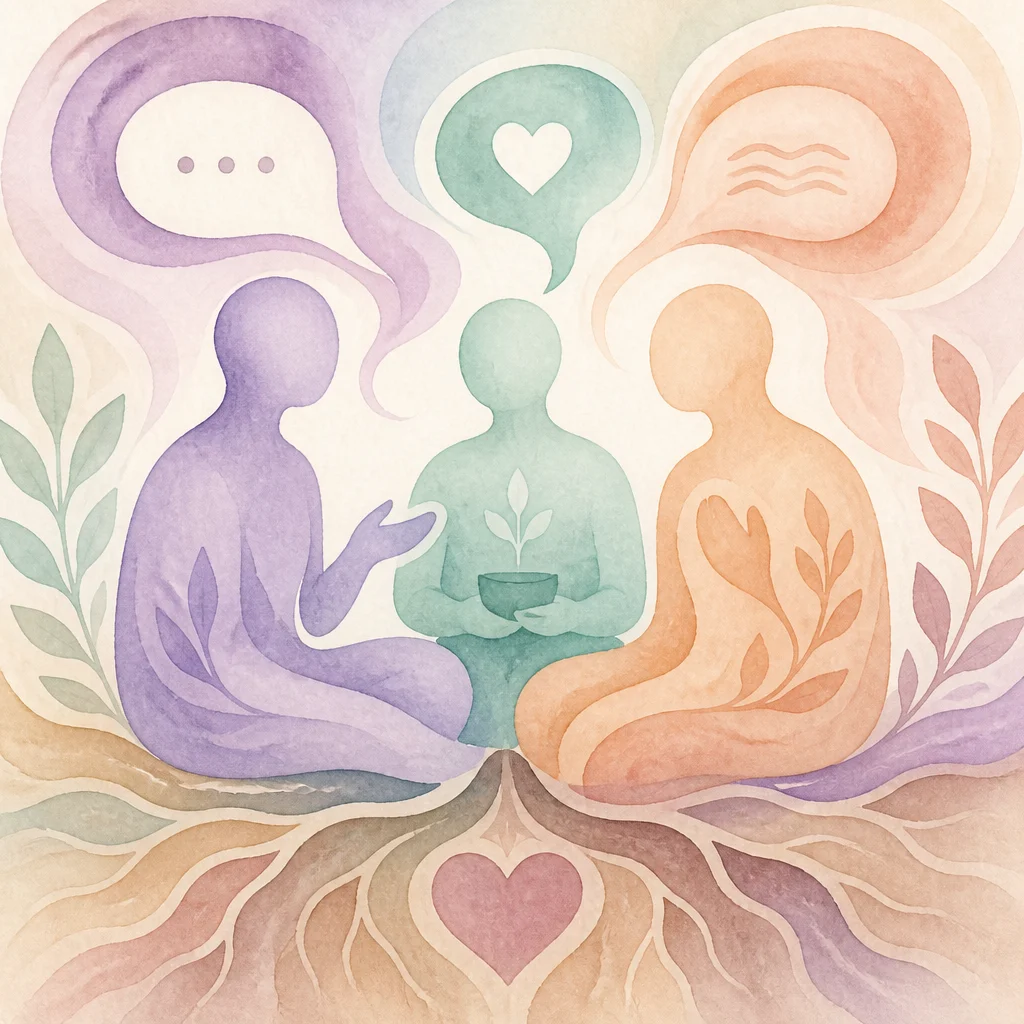 Watercolor illustration showing speech bubbles with warm check-in phrases floating between abstract figures, soft coral and gold tones