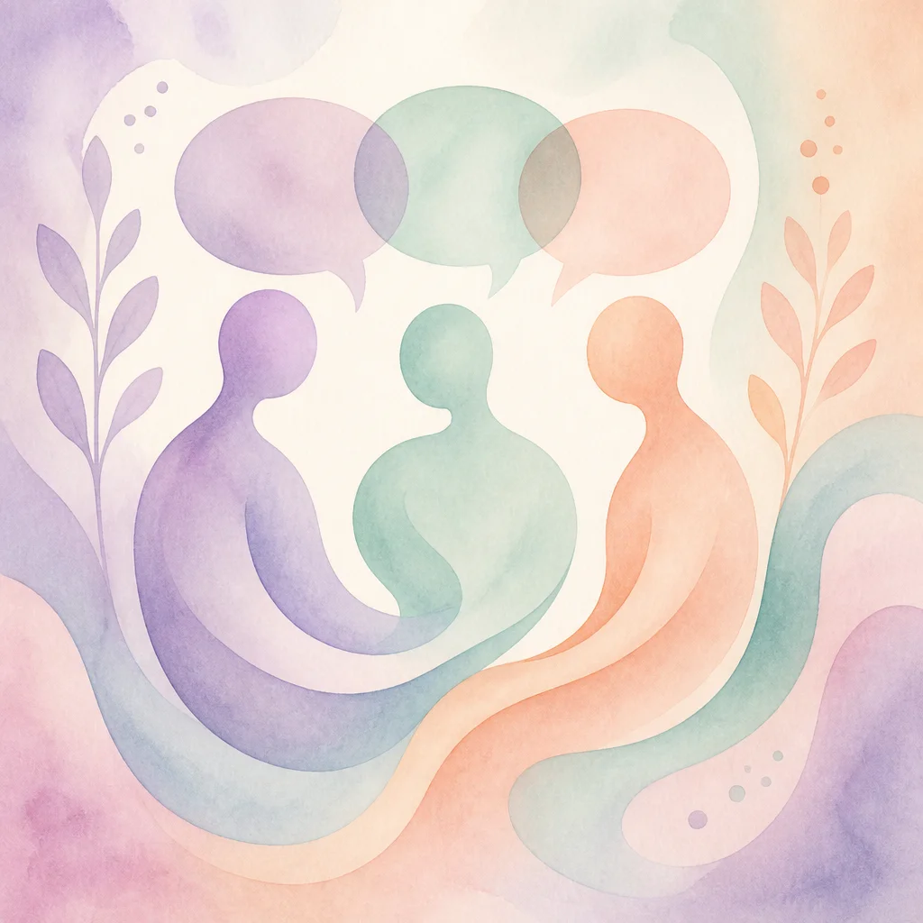 Watercolor scene of an abstract figure stepping slightly apart from a group of three, one figure turning back with extended hand