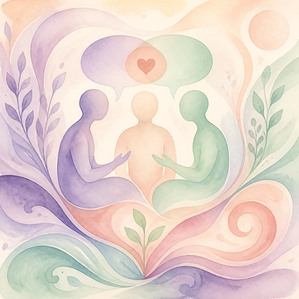 Watercolor illustration of three abstract figures walking forward together, connected by flowing lines, sunrise pastel palette
