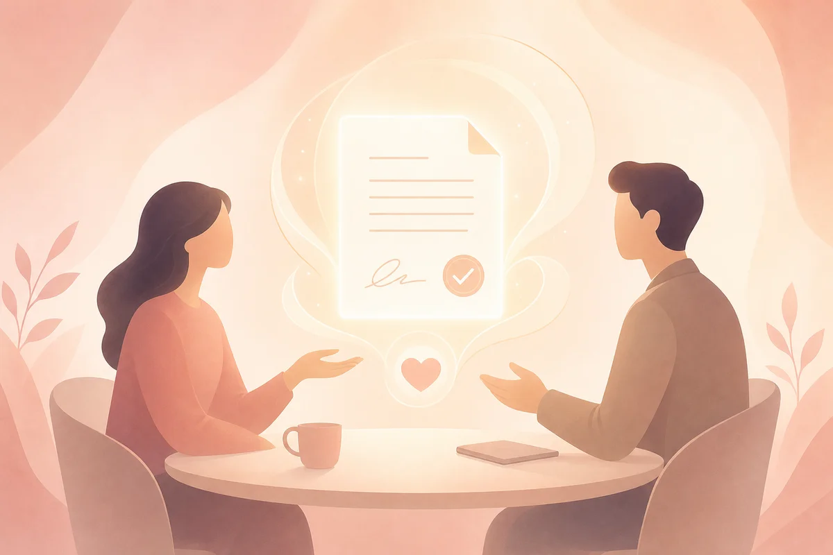 Two partners creating a cuckold dating agreement together at a table