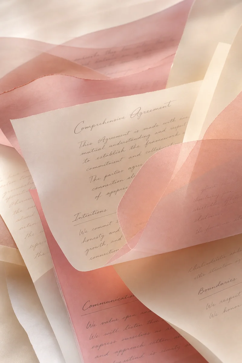 Layered translucent shapes representing the sections of a cuckold dating agreement