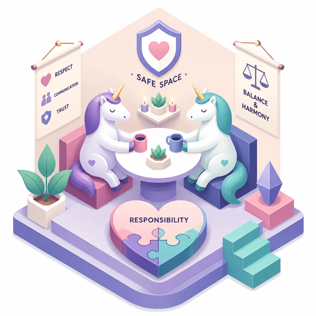 Isometric house with three equal rooms connected by open doorways in pastel lavender and mint