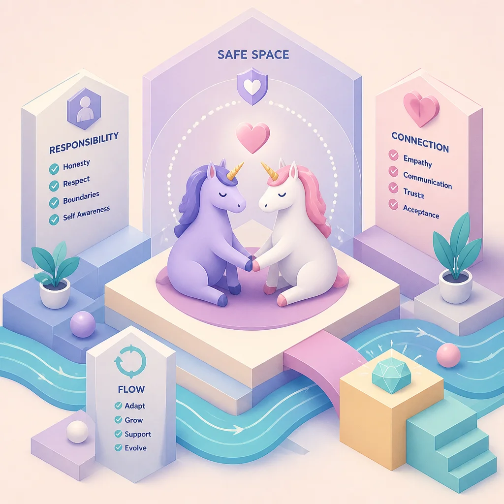 Three interconnected puzzle pieces in pastel pink blue and yellow isometric style