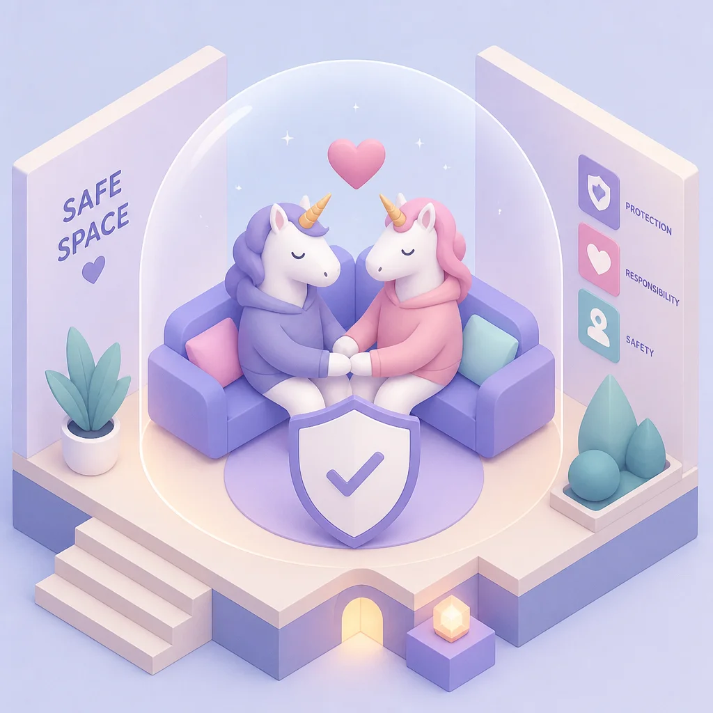 Bridge connecting three geometric islands over calm water in pastel peach and lavender