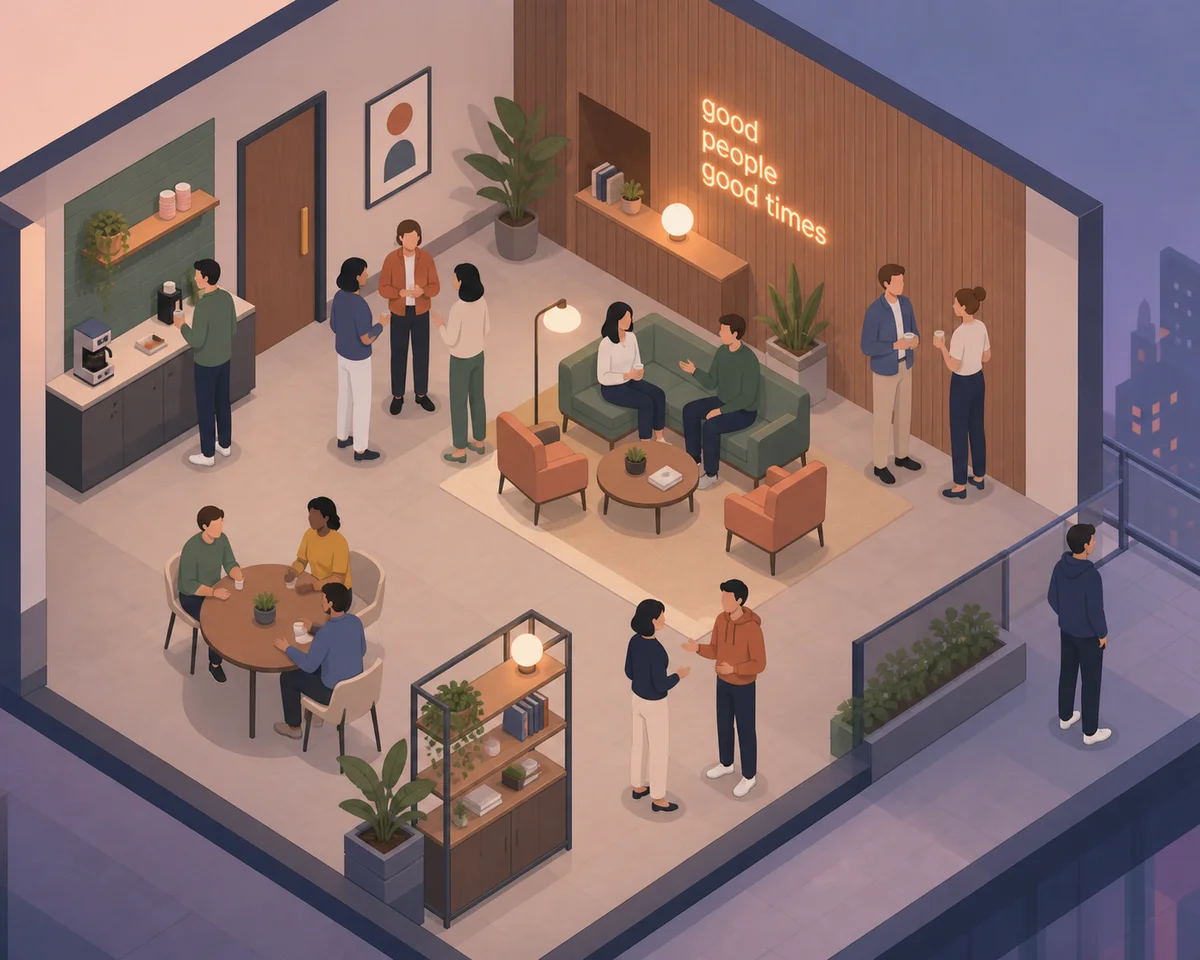 Isometric illustration of a social venue with groups of figures chatting, and one figure standing slightly apart looking isolated