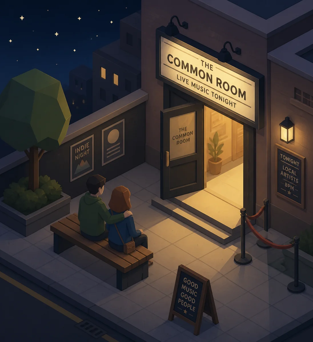 Isometric scene of a couple sitting together on a bench outside a venue, one comforting the other, with stars above