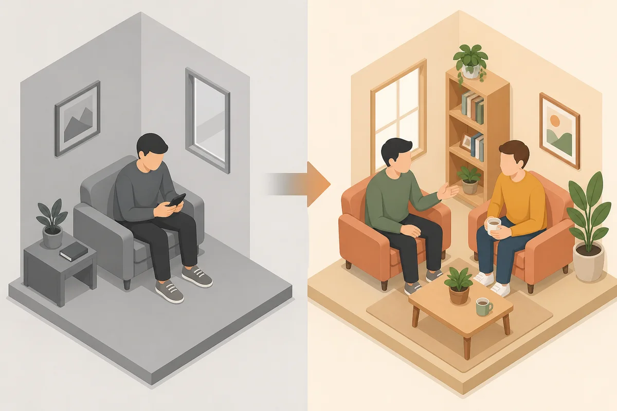Isometric split scene of a figure looking at their phone on one side, and the same figure talking to someone on the other side