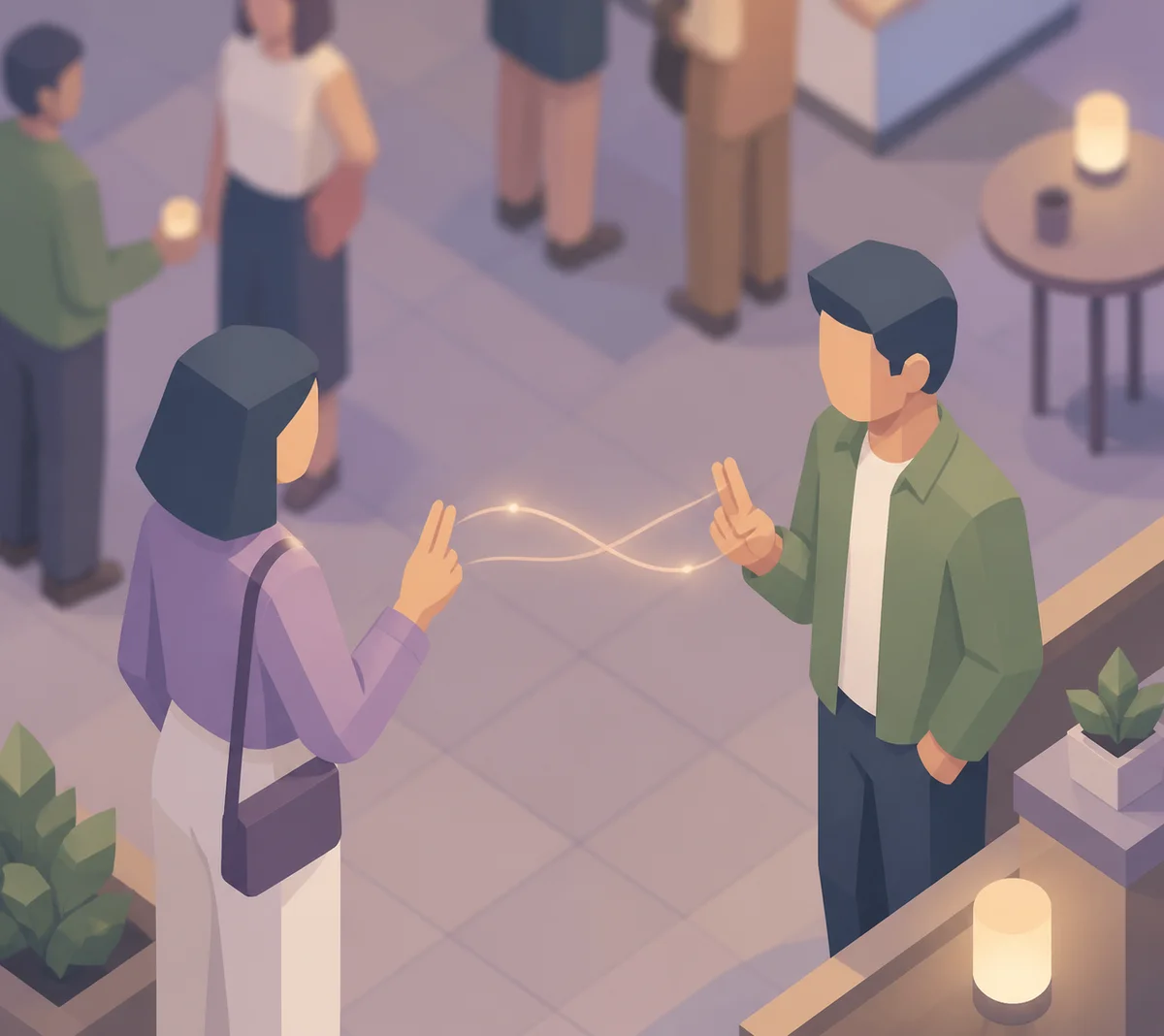 Isometric illustration of a signal or check-in system with two figures exchanging a subtle hand gesture