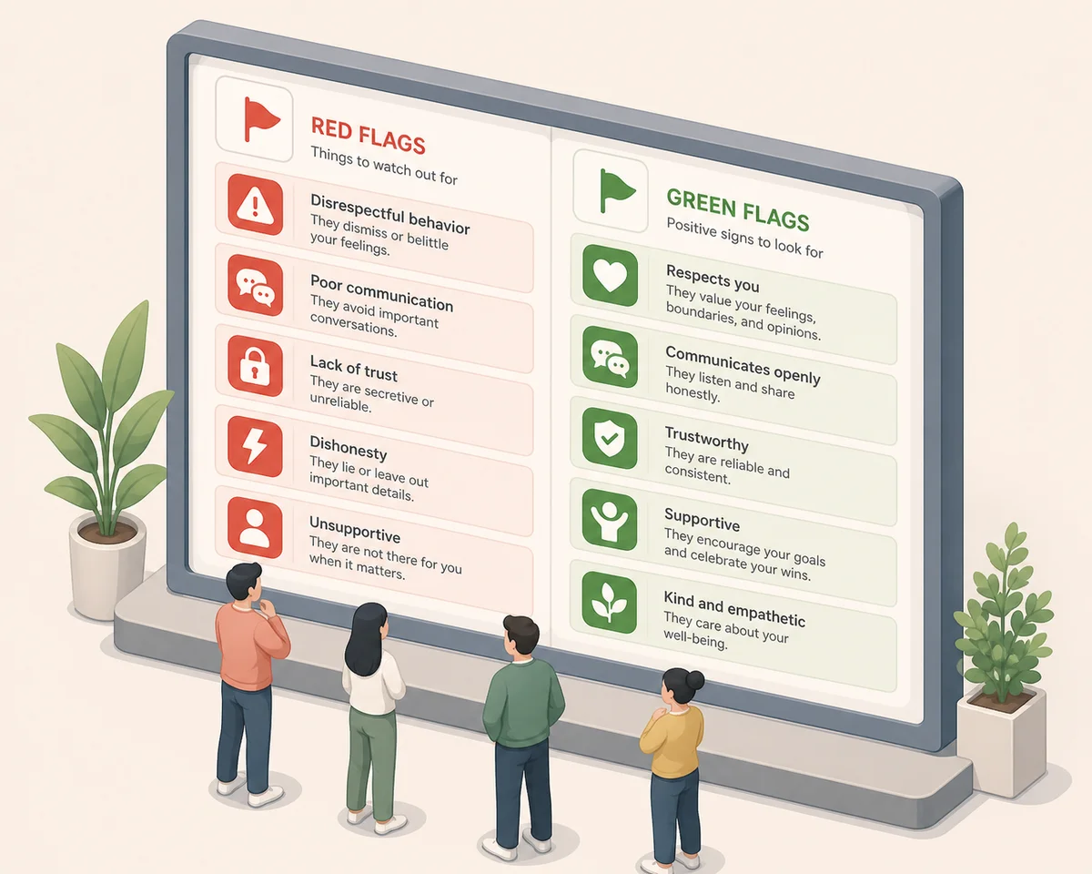 Isometric checklist scene with a notice board showing red flags on one side and green flags on the other