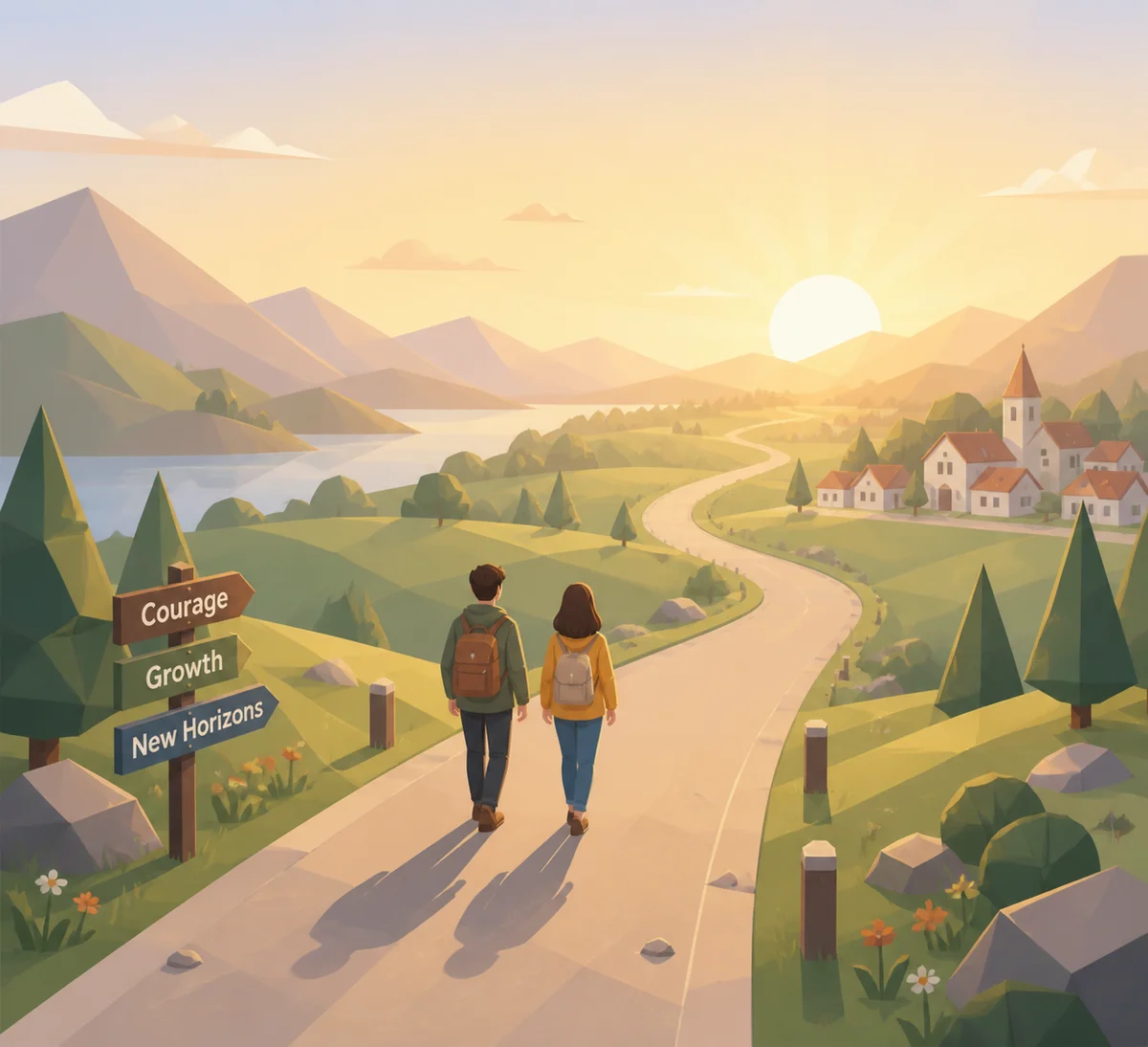 Isometric scene of two figures walking together into a warm sunrise, looking forward with a sense of shared direction