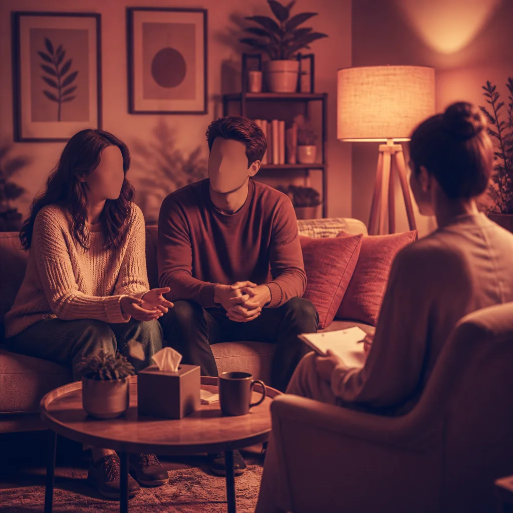 A couple having a thoughtful conversation with a friend in a warmly lit living room setting