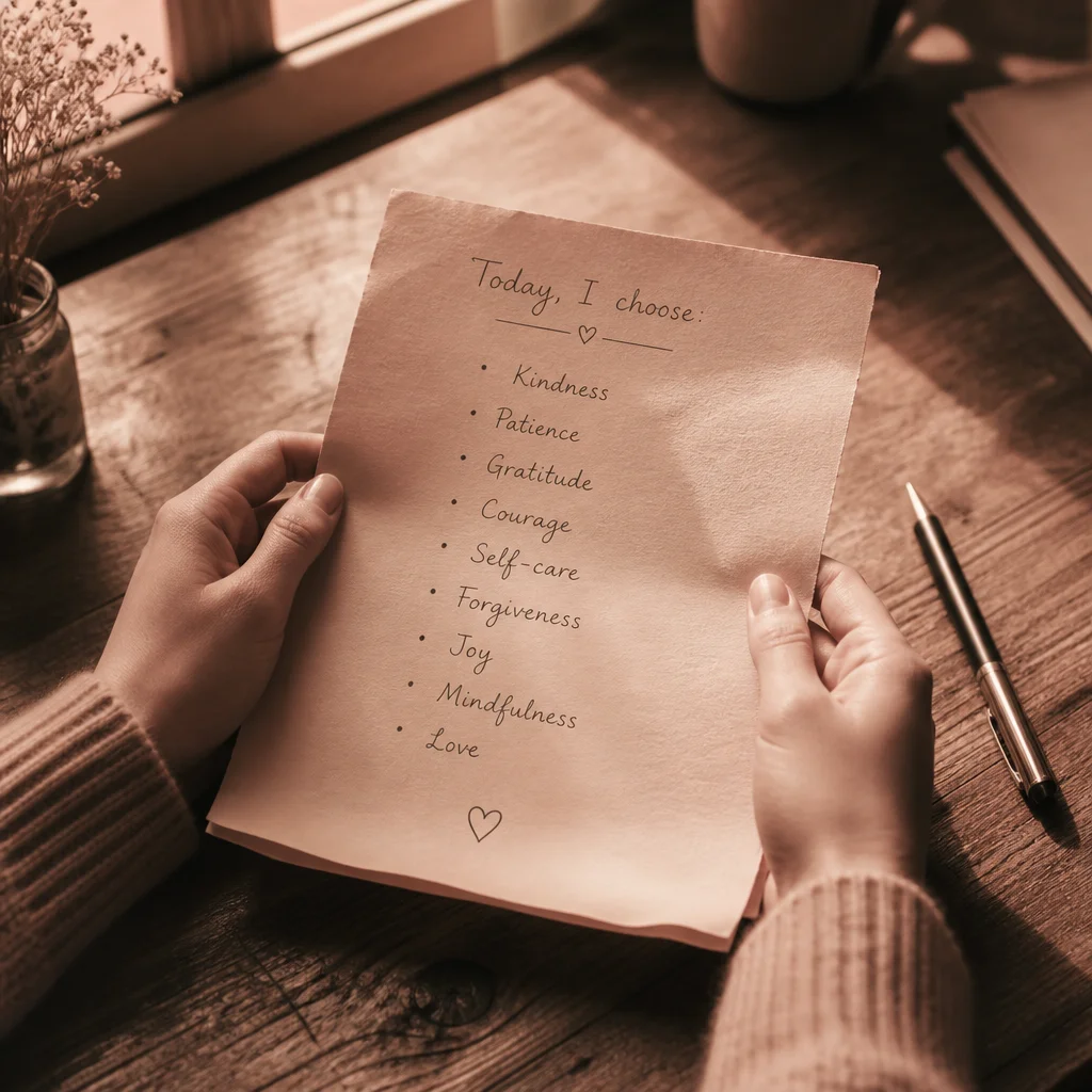 A handwritten checklist on a wooden table with natural light streaming in
