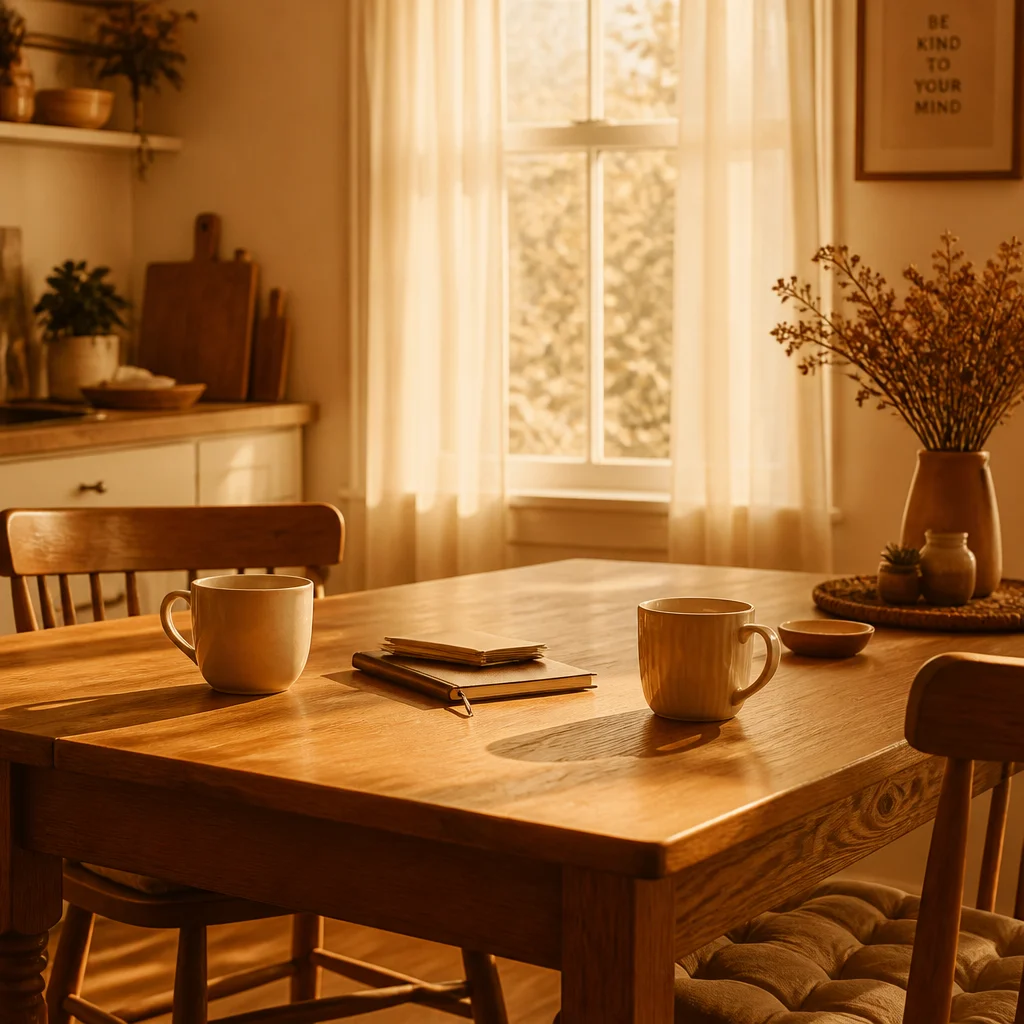 Two coffee cups on a kitchen table in warm morning light, suggesting an intimate conversation space