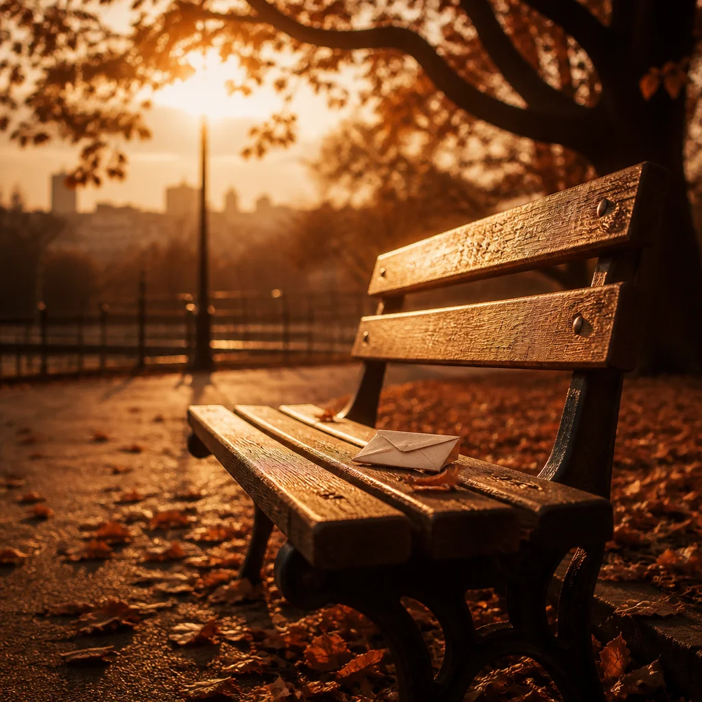 A park bench with a folded note in warm golden hour light