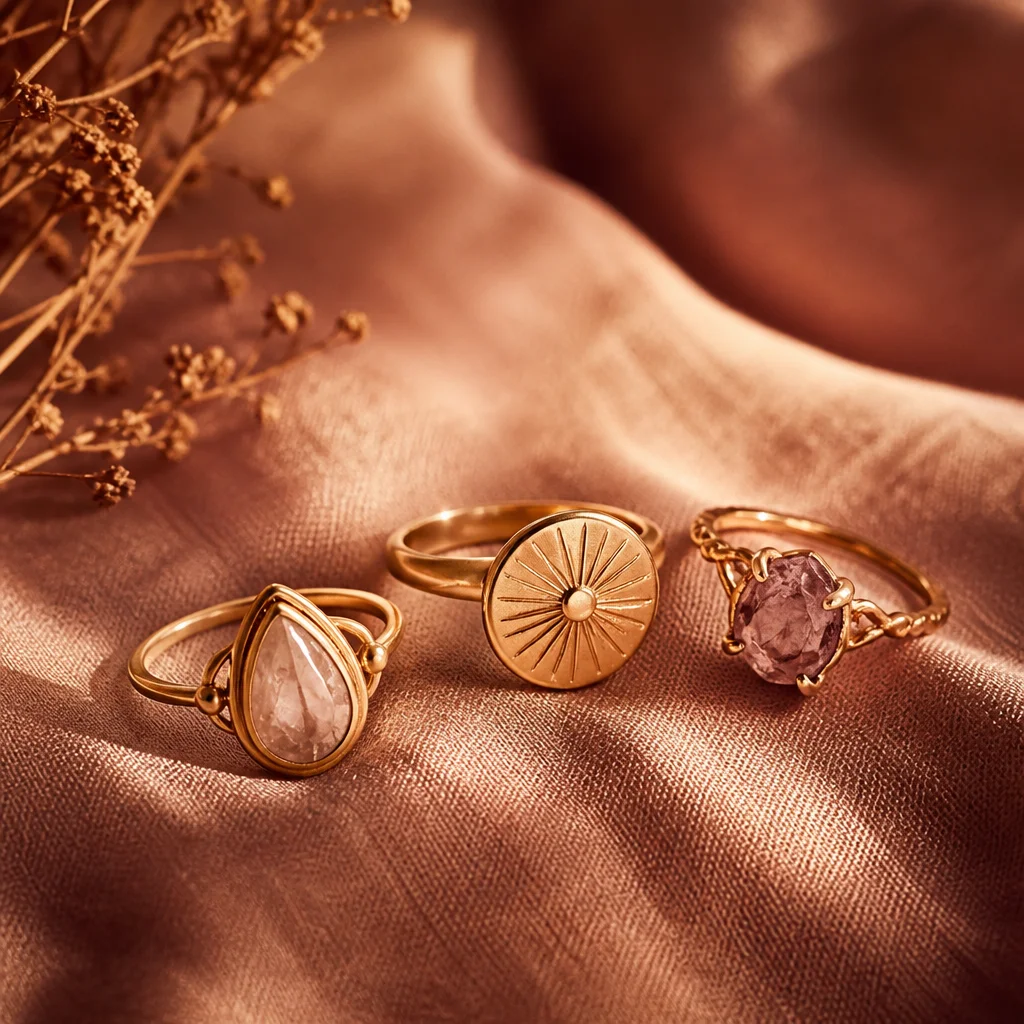 Three distinct pieces of jewelry arranged together on soft fabric in warm light