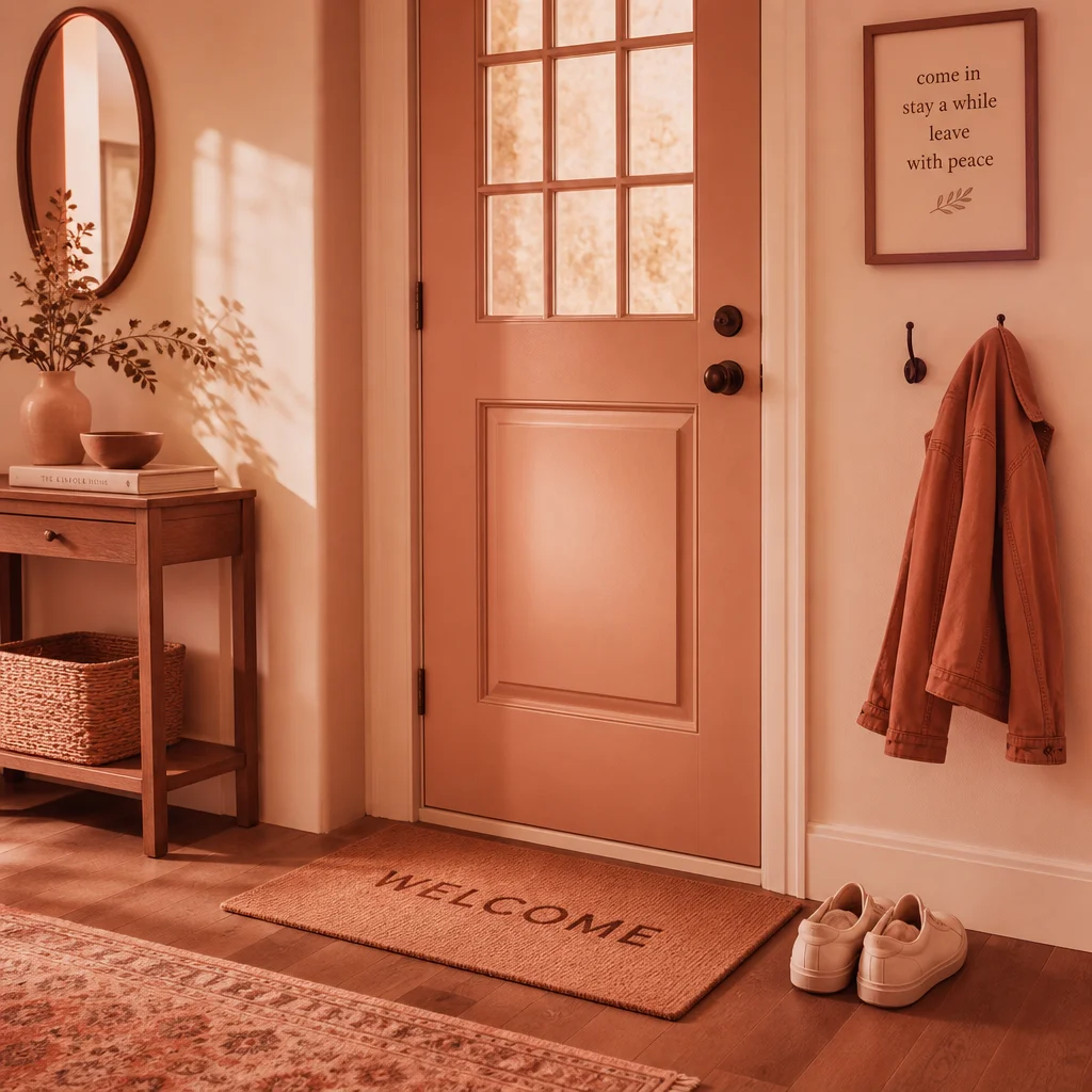 A welcoming home entrance with shoes by the door in warm, safe lighting