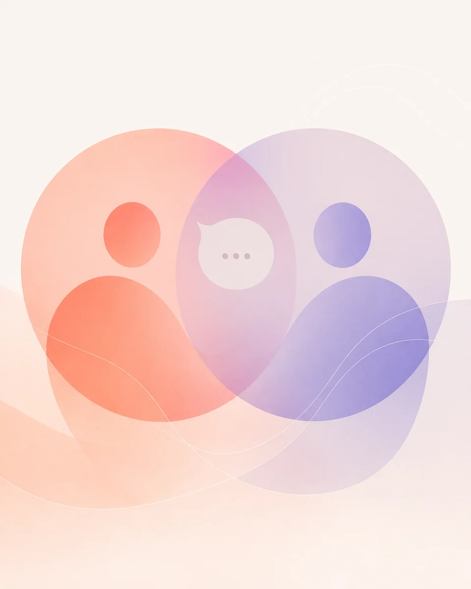 Abstract overlapping circles in warm coral to lavender gradient, representing two people in conversation